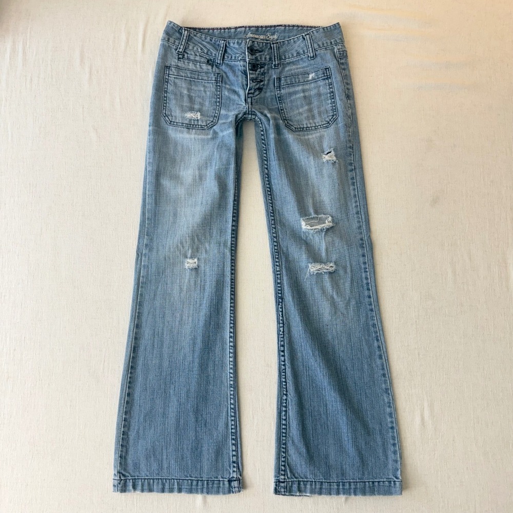 American Eagle Distressed Low Rise Y2K Hipster Flare Jeans Women 4 Blue